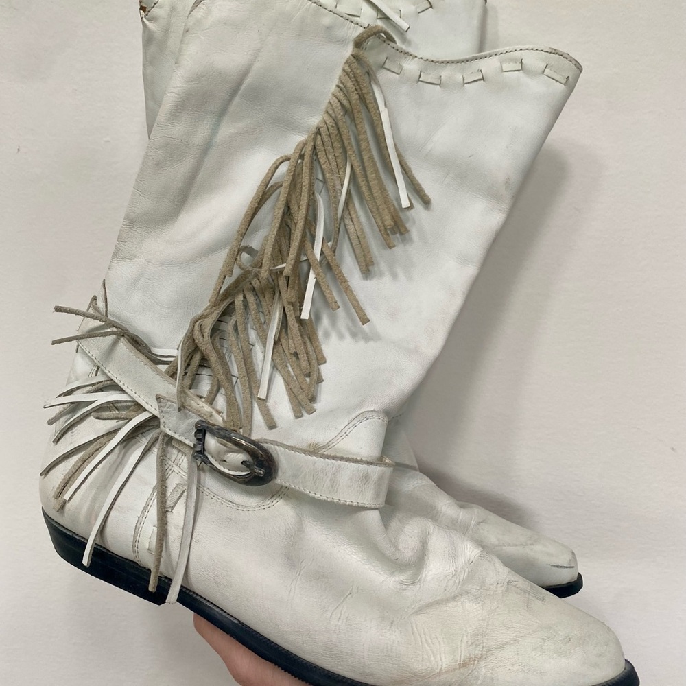 White Fringe REAL leather Western Women's Boots - Picture 7 of 8